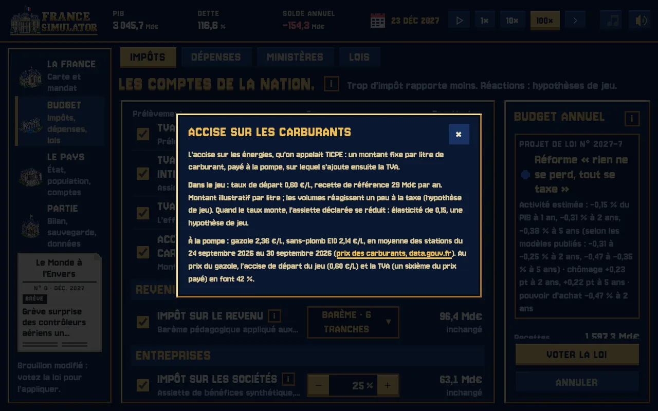La fiche d’information de l’accise sur les carburants dans le jeu : ce qu’est l’impôt, le réglage du jeu, l’hypothèse de réaction et le vrai prix à la pompe.