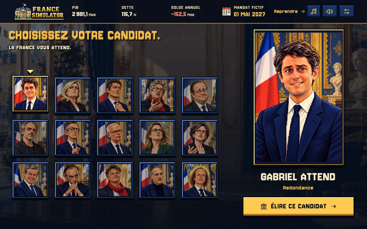 L’écran de choix du candidat dans France Simulator : quinze caricatures en pixel art, dont Gabriel Attend sélectionné.