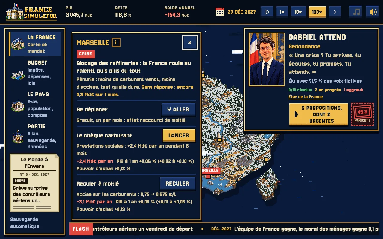 Une crise sur la carte du jeu : la fiche de Marseille propose de se déplacer, de lancer un chèque carburant ou de reculer à moitié, chaque réponse chiffrée.
